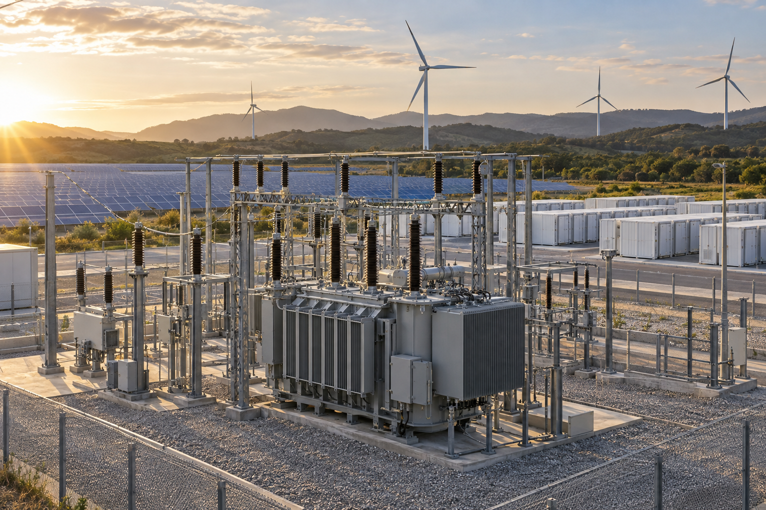 Renewable energy plant with a main step-up transformer, solar, wind and battery storage